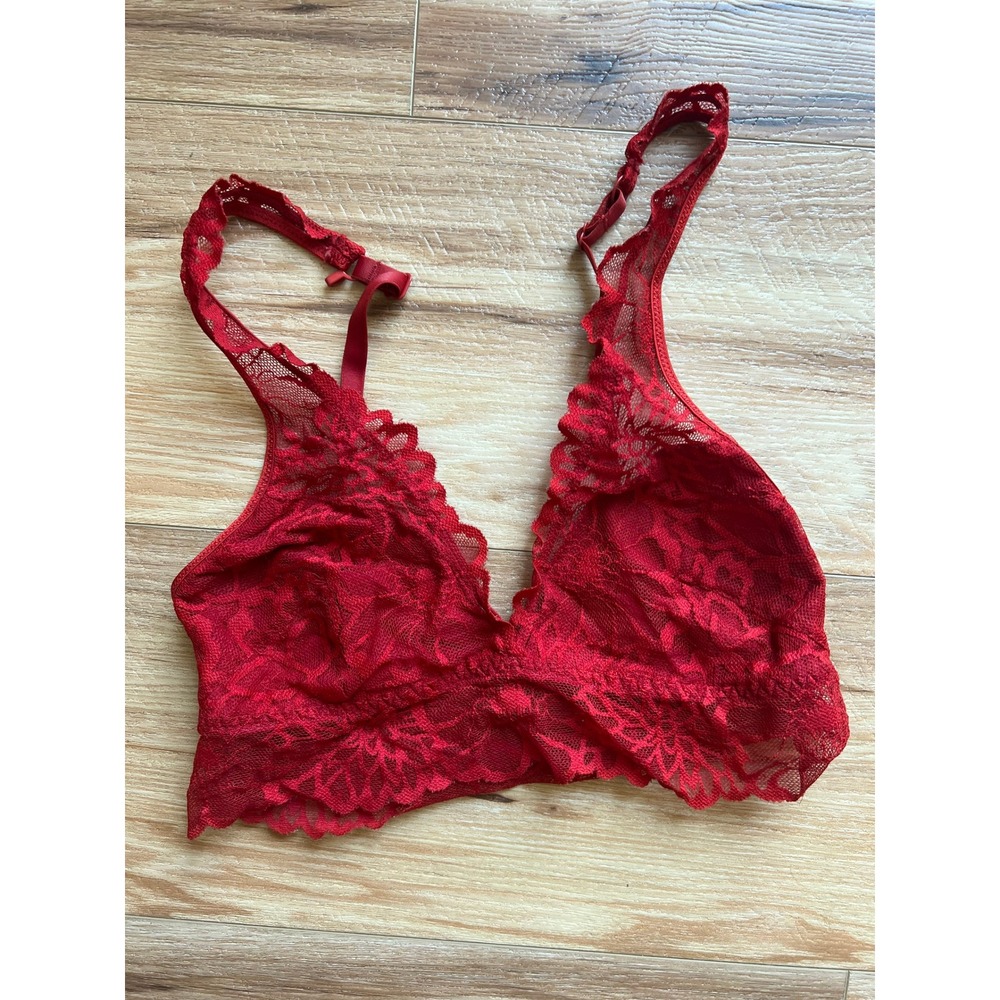 Pink Victoria's Secret Small Bralette Boho Lace Red Wireless Plunge Adjustable